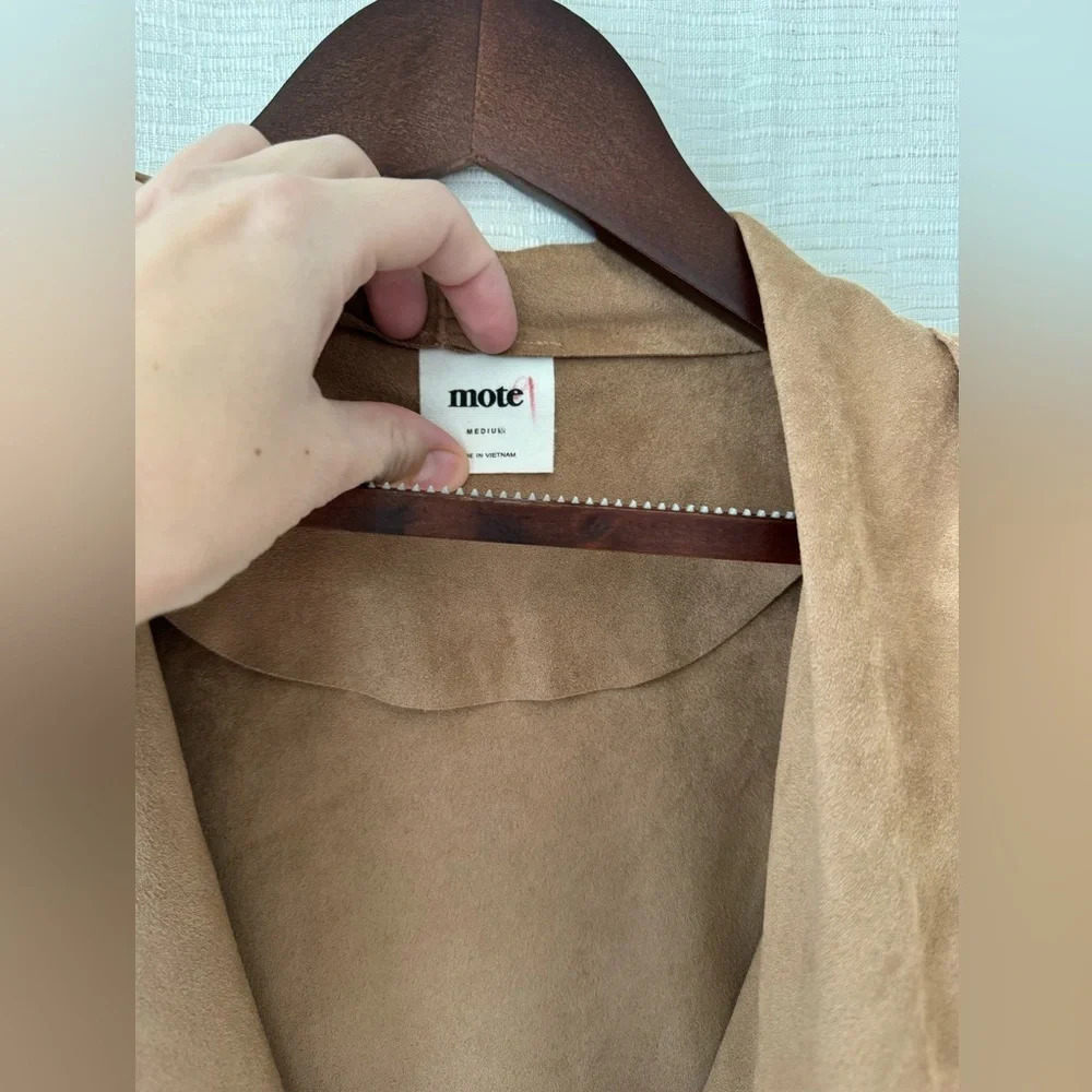 Mote Soft Tan Camel Faux Suede Full Zip Flowy Angled Drapey Lapels Moto Jacket M